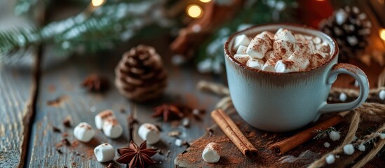Fototapeta na wymiar hot chocolate with mini marshmallows cinnamon winter drink. Copy space image. Place for adding text or design
