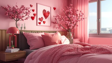 interior of a valentine day decorated bedroom with tree and pink heart and soft lamp lights generated by AI tool
