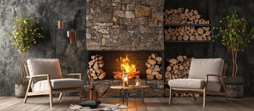Interior of living room in modern style with elements of stone Fireplace where burning fire and basket with firewood near Two armchair and little table around. Copy space image