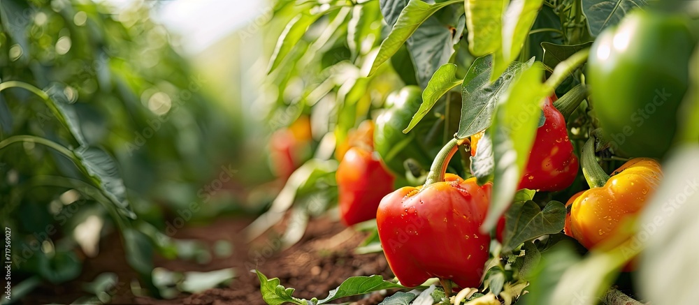 Poster growing sweet peppers in a greenhouse close up fresh juicy red and yellow peppers on the branches cl