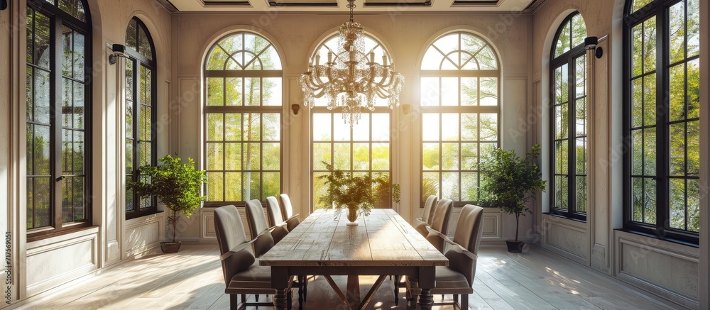 Poster front view of stylish and light dining room with big windows and crystal chandelier in center of cei