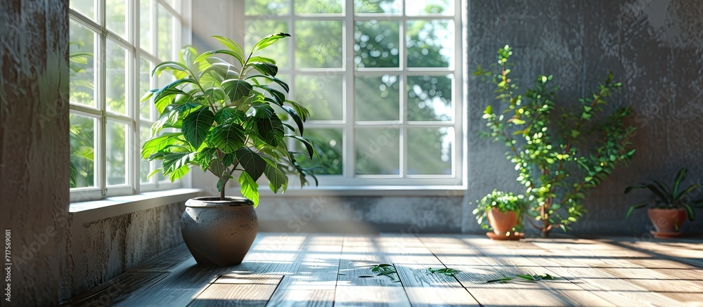 Poster grey living room office monitor chair vase of green plant in front of the window garden view. copy s