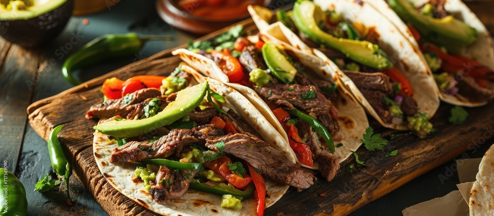 Poster grilled skirt steak fajitas recipe beef steak fajitas tacos hot tortillas with avocado salsa and gre