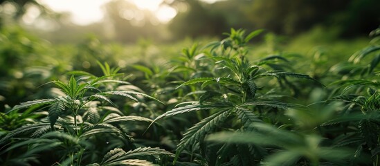 Landscape of cannabis plants or hemp plants growing on a farm in an open field. Copy space image. Place for adding text or design