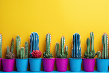 Colorful cactus in colorful pots.