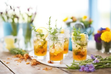 several glasses of iced herbal tea with assorted herbs garnish