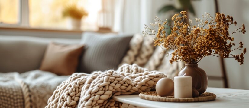 Hand knitted merino wool chunky blanket in interior on background Stylish and cozy Scandinavian interior bed chair white wall. Copy space image. Place for adding text or design