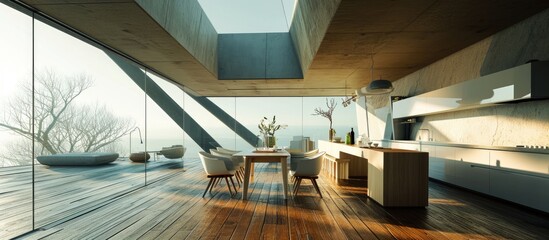 Large empty dining room with kitchen attached to the wall and wooden floor The space is empty and the adjacent terrace is triangular It is modern architecture and the window is open. Copy space image - obrazy, fototapety, plakaty
