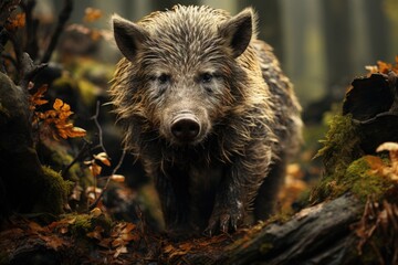 A wild boar in a dense forest - obrazy, fototapety, plakaty