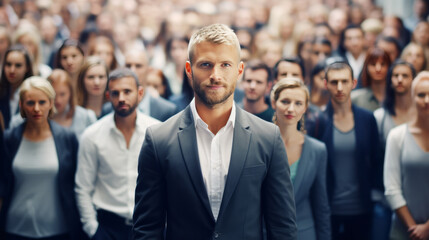 How To Be Productive, Businessman Standing to stay ahead, Successful team leader, manager, CEO, market leader, and other business-leading concepts, Standing out from the crowd, Unique among - obrazy, fototapety, plakaty