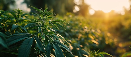 Landscape of cannabis plants or hemp plants growing on a farm in an open field. Copy space image. Place for adding text or design - obrazy, fototapety, plakaty