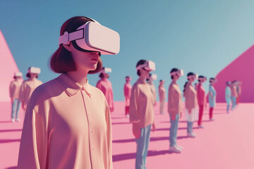 People living in a metaverse, 3d design of people with VR futuristic background minimalistic