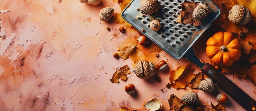 Metal grater on a pastel background Minimal Fall concept Top view Creative autumn Thanksgiving concept made of acorn Flat lay. Copy space image. Place for adding text or design
