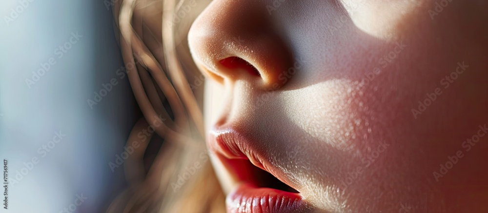 Poster Macro of a little girl s mouth curling her tongue into a U shape a genetic trait inherited from her parents. Copy space image. Place for adding text or design