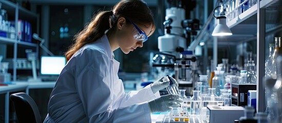 Medical Research Laboratory Portrait of Female Scientist Working on Computer Analysing Liquid Sample in a Labolatory Flask Advanced Scientific Lab for Medicine Biotechnology Vaccine Development