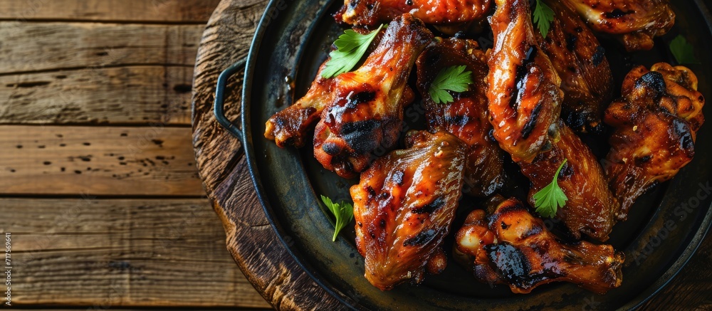 Poster Grilled chicken wings on plate Top view flat lay. Copy space image. Place for adding text or design