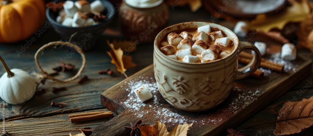Aufkleber hot cocoa drink with marshmallows and cinnamon in a mug on a wooden board with autumn leaves. copy s