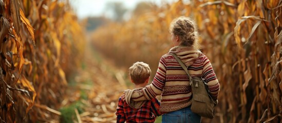 Mom and son have fun in the corn maze High quality photo. Copy space image. Place for adding text or design