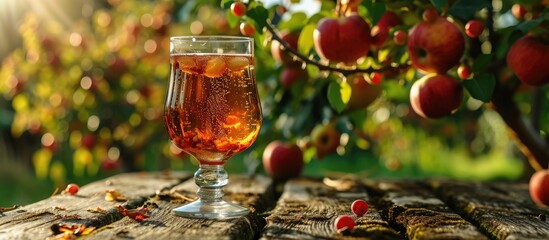 Glass of brut apple cider from Normandy served in garden in France and green apple tree with ripe red fruits on background. Copy space image. Place for adding text or design - obrazy, fototapety, plakaty
