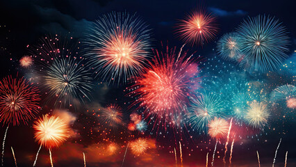 Fototapeta na wymiar Colorful fireworks of various colors over night sky.