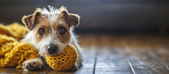 funny jack russell terrier plays with a soft toy horizontal. Copy space image. Place for adding text or design