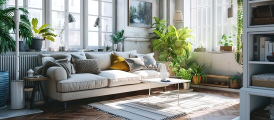 Happy house owner relaxing on comfortable sofa at home Man enjoying leisure time and sitting on soft brown couch in cozy living room interior with white and light grey walls shelves and green p
