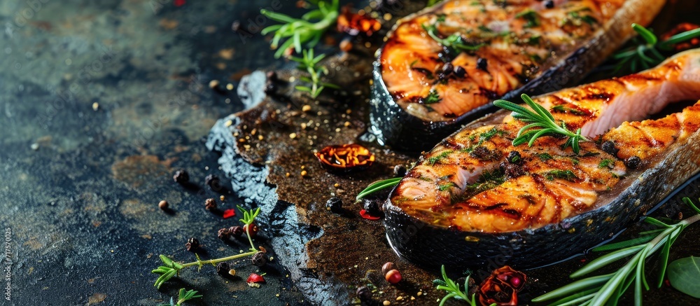 Poster Grilled salmon fillets with salt pepper and herb decoration. Copy space image. Place for adding text or design