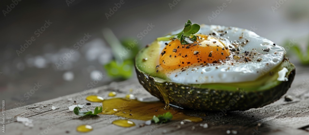 Poster homemade organic egg baked in avocado with salt and pepper. copy space image. place for adding text 