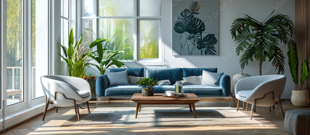 Aufkleber Living room with a large blue sofa a low square wooden table and white armchairs next to a window. Copy space image. Place for adding text or design