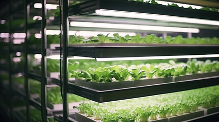 Organic hydroponic vegetables growing in greenhouse, closeup view
