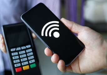 Person pays for purchase using mobile application. Portable terminal delivered to your home. Bank...