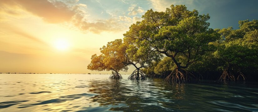 mangrove trees on shoreline conservation land from seawater abrasion. Copy space image. Place for adding text or design