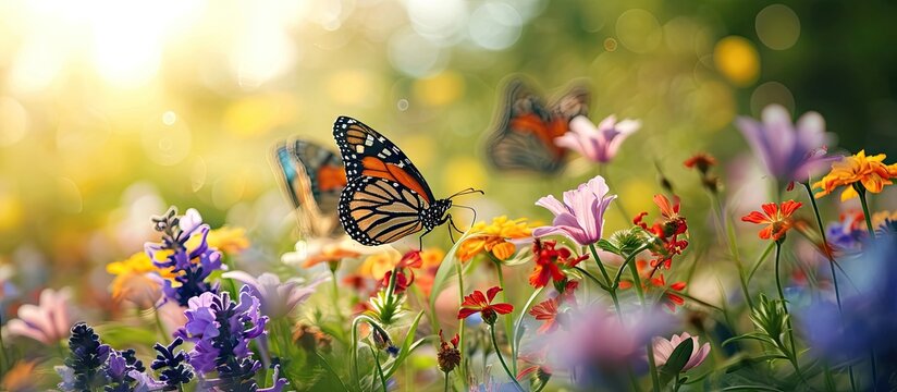 How beautifully beautiful butterflies are floating on purple and blue flowers looking very beautiful surrounded by green nature open sky with bright sun around. Copy space image