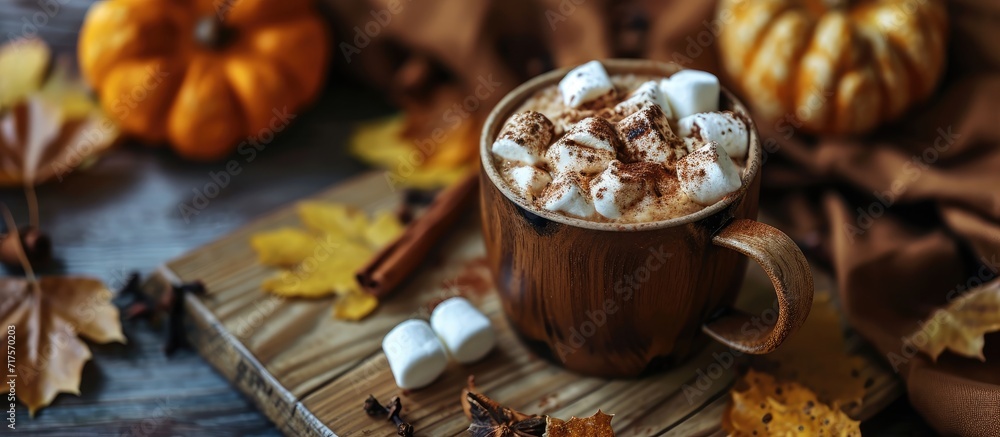 Aufkleber hot cocoa drink with marshmallows and cinnamon in a mug on a wooden board with autumn leaves. copy s