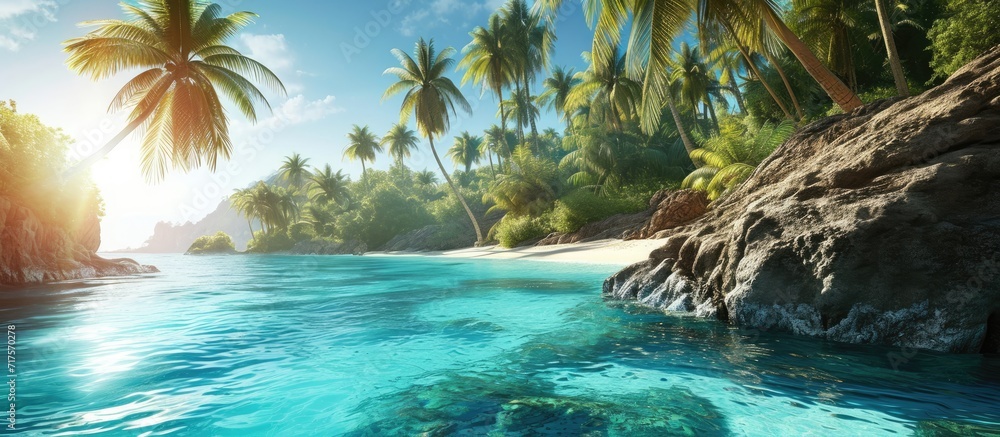 Poster Palm trees over stunning lagoon and white sandy beach. Copy space image. Place for adding text or design