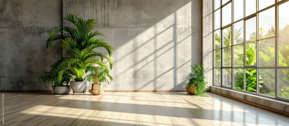 Aufkleber grey living room office monitor chair vase of green plant in front of the window garden view. copy s