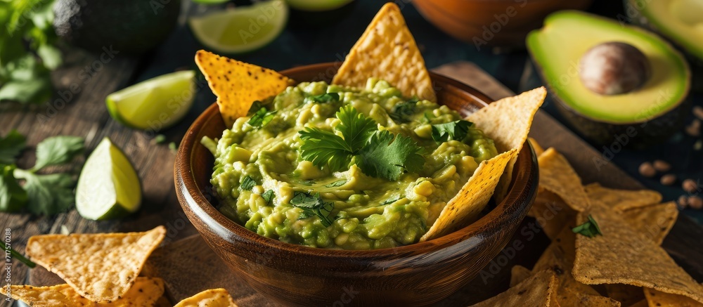 Poster guacamole avocado mash dip with tortilla chips and fresh avocados. copy space image. place for addin
