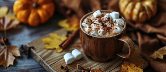 Hot cocoa drink with marshmallows and cinnamon in a mug on a wooden board with autumn leaves. Copy space image. Place for adding text or design