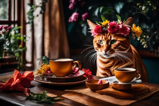 Compose an imaginative portrayal of a beautiful ginger cat in an Asian-inspired costume, featuring flowers on her head. 