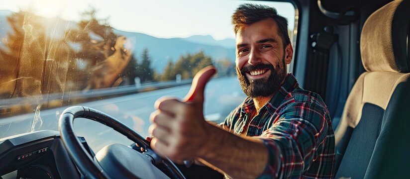 Happy Caucasian Semi Truck Driver Showing Thumb Up Trucking Theme Transport Industry. Copy space image. Place for adding text or design