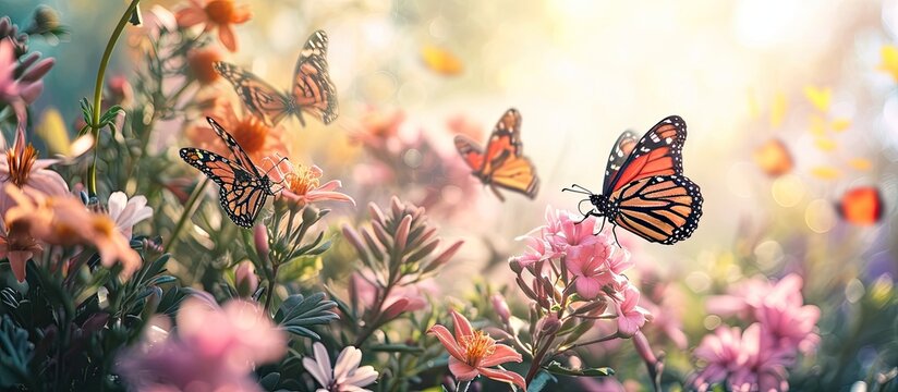 How beautifully the butterflies are floating on the blue and purple flowers it looks amazing the green nature around the open sky and the shining sun around. Copy space image