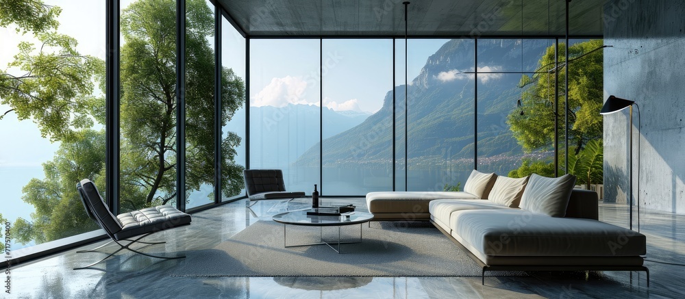 Poster interior designer living room with a view. copy space image. place for adding text or design