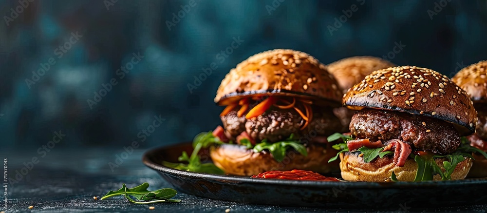 Poster homemade hamburger grilled beef patties sesame buns with other ingredients on dark slate plate. copy