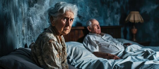 Overhead of senior couple in the bed Pretty aged woman is angy with her sleeping husband. Copy space image. Place for adding text or design