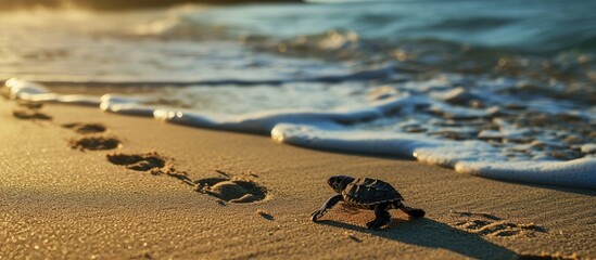 Little Sea Turtle Cub Crawls along the Sandy shore in the direction of the ocean to Survive Hatched New Life Saves Way to life Tropical Seychelles footprints in the sand forward to a new life