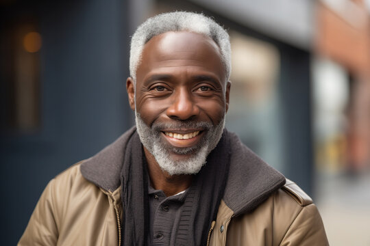Smiling black mature man on the walk outdoors