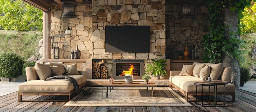 Luxury outdoor relaxing living room with large stone fireplace TV rug and beige sofa. Copy space image. Place for adding text or design