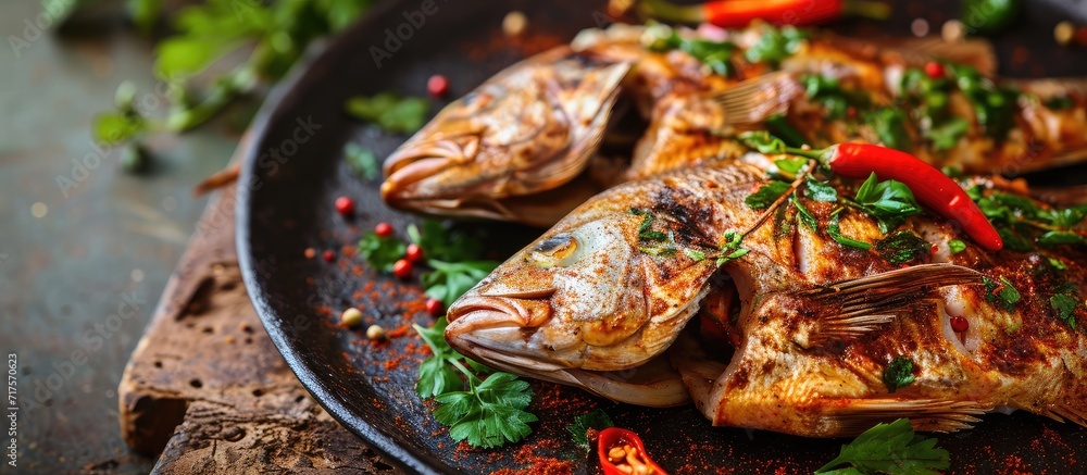 Poster Grilled tilapia fish with a delicious blend of spices delicious to eat alone or with family. Copy space image. Place for adding text or design
