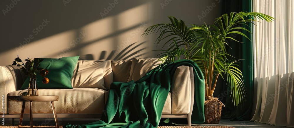 Poster green plant in black pot next to beige couch with emerald green blanket. copy space image. place for