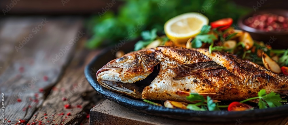 Poster Grilled tilapia fish with a delicious blend of spices delicious to eat alone or with family. Copy space image. Place for adding text or design